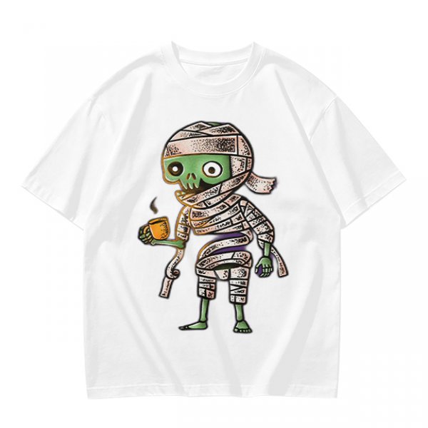 Olive T-Shirt With Cute Mummy Holding Hot Coffee Print