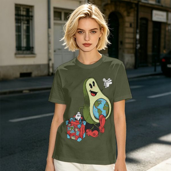 Olive T-Shirt with Cartoon Avocado Globe Travel Print