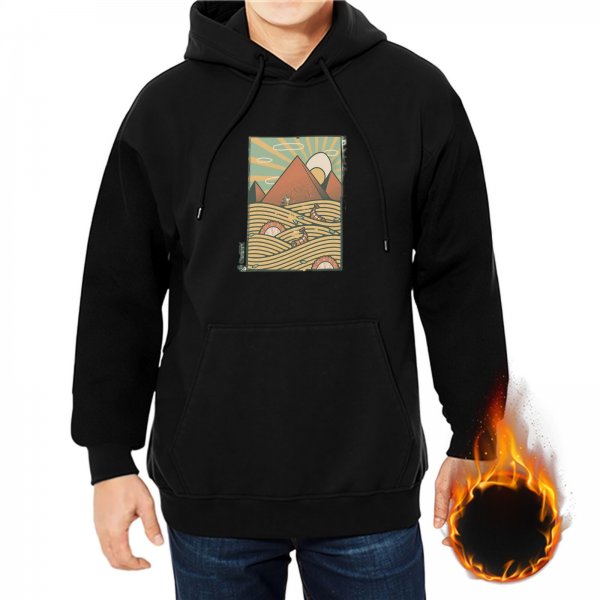 Black Hoodie With Retro Mountain And Sun Landscape Print