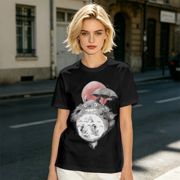 Olive T-shirt with Totoro and Friends Watercolor Print