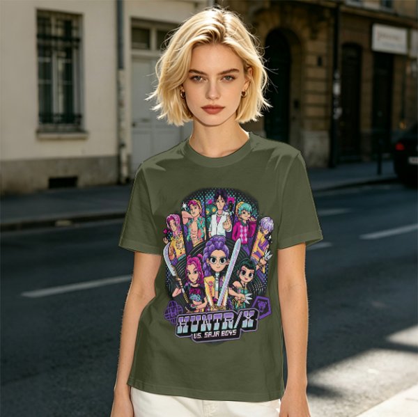 Olive Graphic Tee with Anime Character Group Print