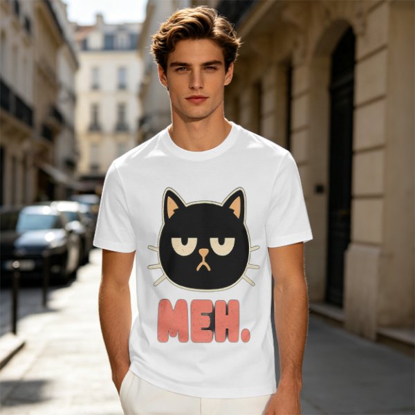 Olive T-Shirt With Grumpy Black Cat Meh Graphic Print