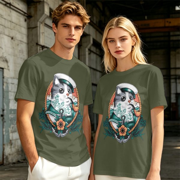 Olive T-Shirt With Sailor Cat Tattooed Pipe Design
