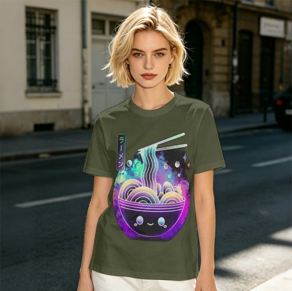 Olive T-Shirt With Galaxy Ramen Bowl Kawaii Graphic