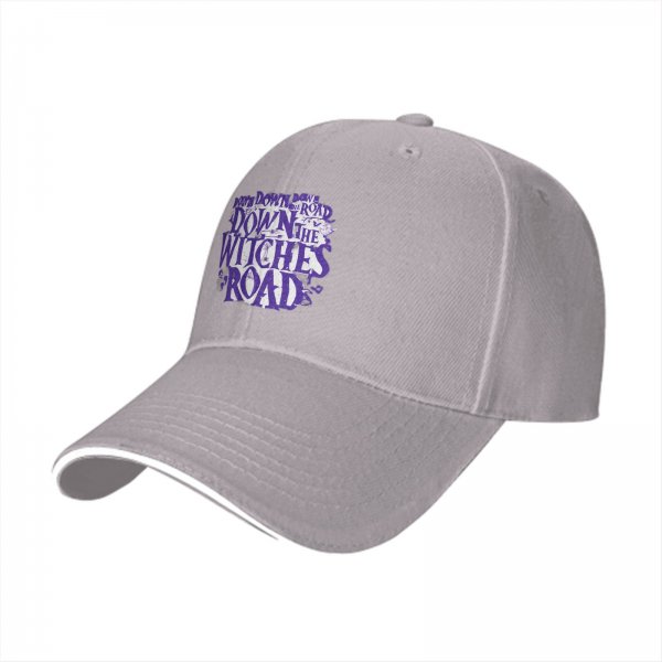 Black baseball cap with 'Down the Witches Road' Halloween themed print