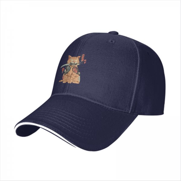 Black Baseball Cap With Tattooed Samurai Cat Holding Katana