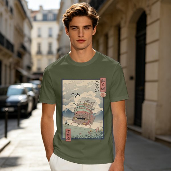 Olive t-shirt with ukiyo-e style Howl's Moving Castle print