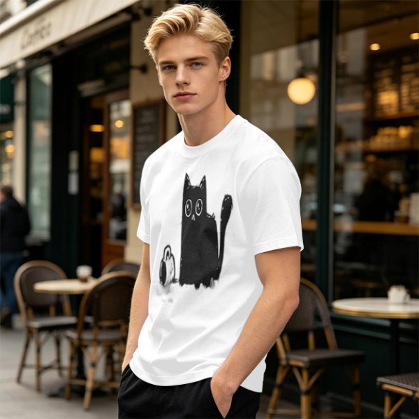 Olive Green T-Shirt With Cute Surprised Black Cat And Bell Print