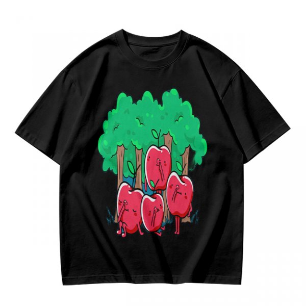 Olive T-Shirt With Cartoon Anthropomorphic Apples In Forest Print