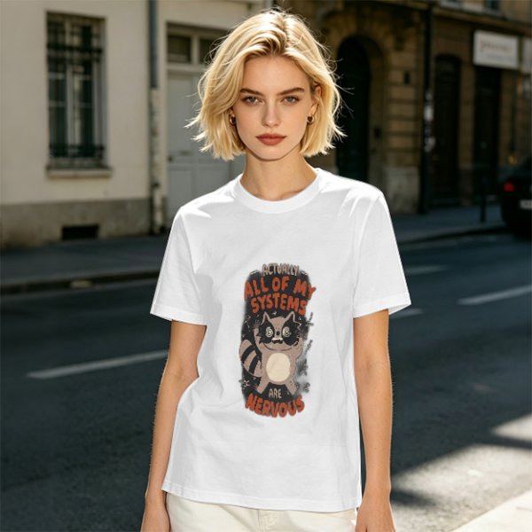 Olive graphic t-shirt with nervous raccoon and 'all of my systems nervous' text