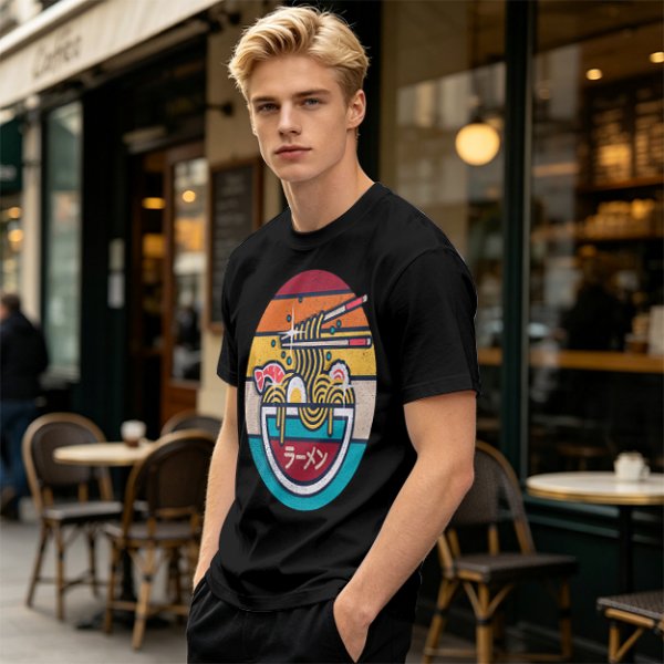 Olive T-shirt with Retro Ramen Bowl Chopsticks Graphic