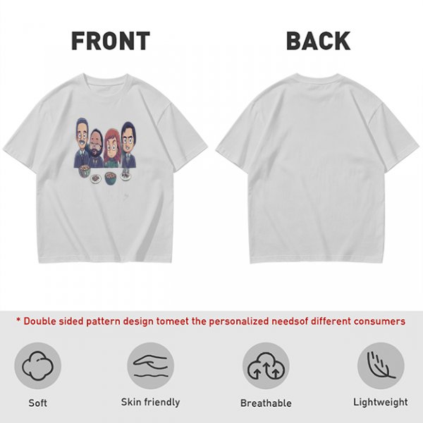 Olive T-shirt with Cartoon Group of Four People and Bowls Print