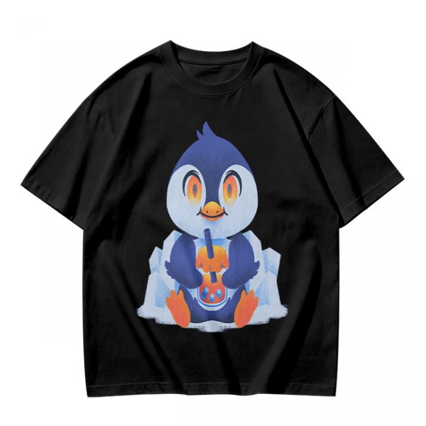Olive T-shirt with Cute Penguin Drinking Boba Tea Print