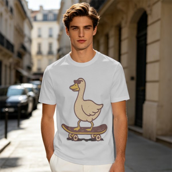 Olive T-Shirt Featuring a Cool Duck Wearing Sunglasses Riding a Skateboard