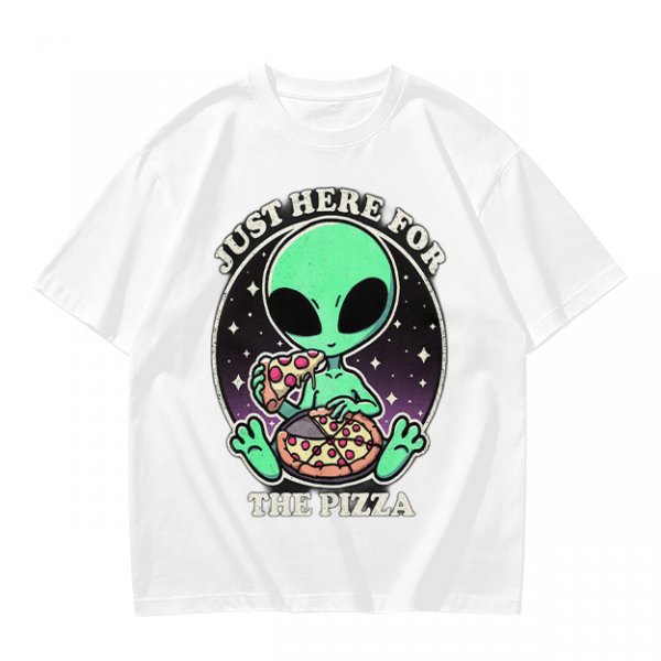 Olive green t-shirt with alien eating pizza text Just Here For The Pizza