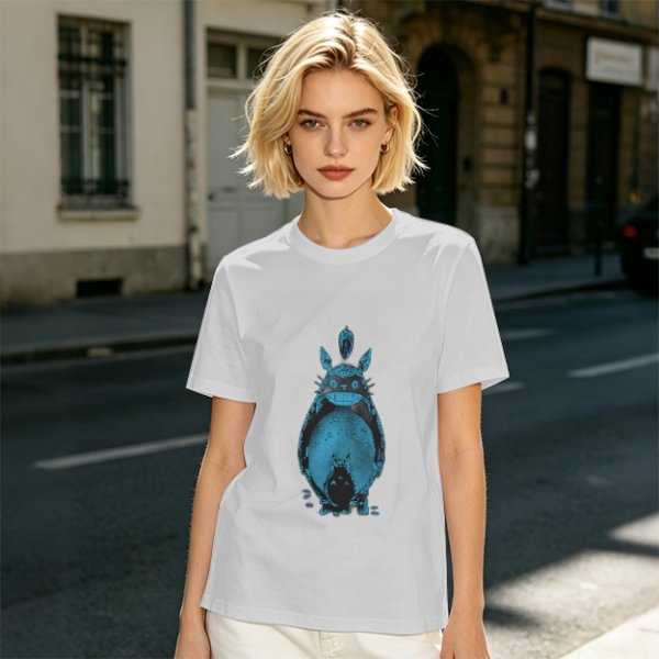 Olive Green T-Shirt With Blue Totoro Inspired Graphic Print