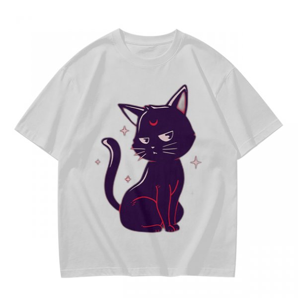 Olive T-Shirt with Sassy Black Cat and Crescent Moon Graphic