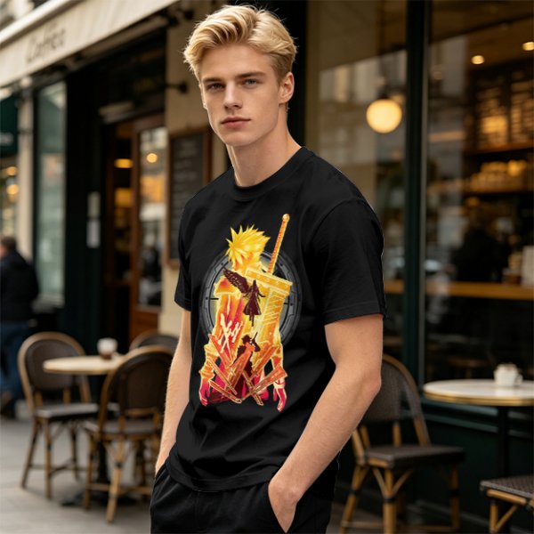 Final Fantasy VII Inspired Graphic T-Shirt with Character and Sword Art