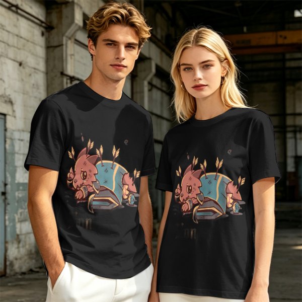 Olive T-shirt with Chibi Wounded Fantasy Creature Graphic