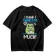 Olive t-shirt with 'I think I think too much' anxious frog print