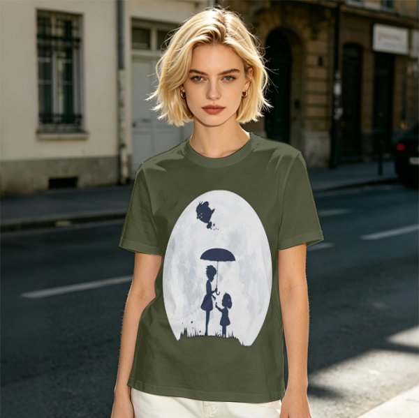 Olive T-Shirt With Moon Silhouette Of Two Children And Umbrella