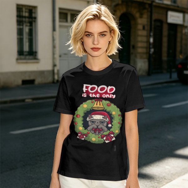Food is the only Christmas grumpy cat wreath graphic tee