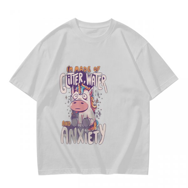 Olive t-shirt with anxious unicorn glitter water and anxiety print