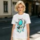 Olive T-Shirt with Astronaut Cat and Fish Graphic Print