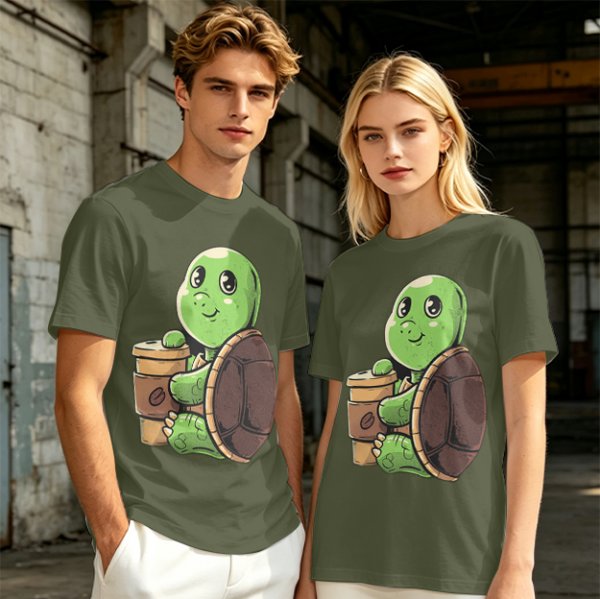 Olive Green T-Shirt With Cute Turtle Holding Coffee Cup Print