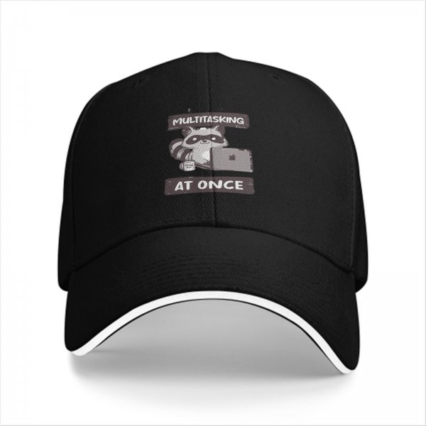 Black baseball cap with multitasking raccoon laptop graphic
