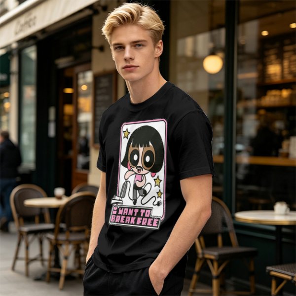 Olive green graphic t-shirt with Powerpuff-style character and 'I Want To Break Free' text