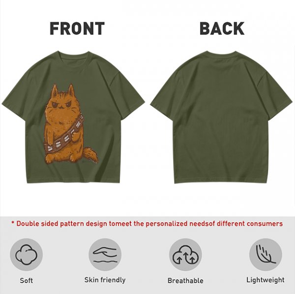 Olive green t-shirt with a grumpy cat in a Chewbacca-style bandolier print