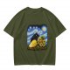 Olive T-Shirt with Starry Night Cat and Sunflowers Art Print