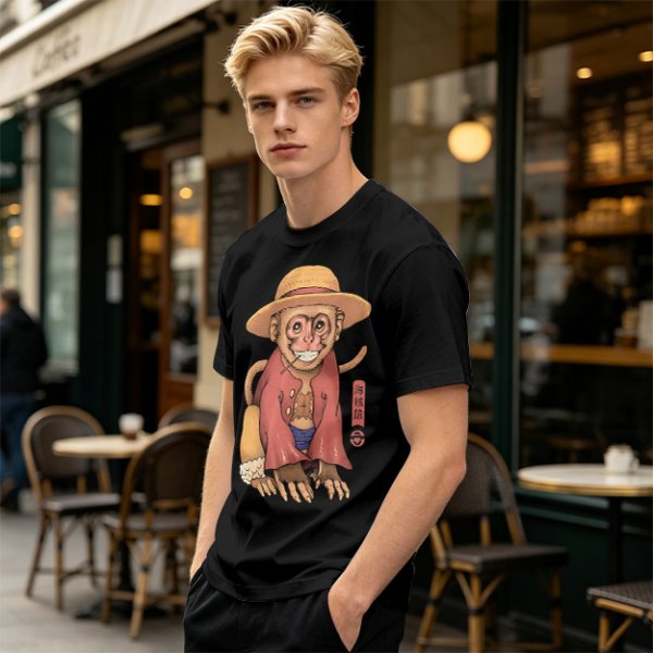 Olive T-Shirt With Monkey In Straw Hat Pirate Print