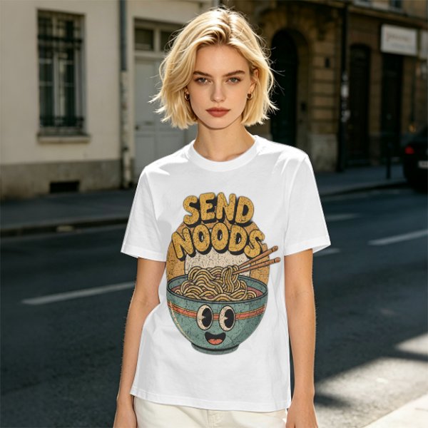 Olive Green T-Shirt With Retro Send Noods Ramen Bowl Graphic