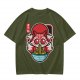 Olive t-shirt with cute kitsune fox eating ramen graphic