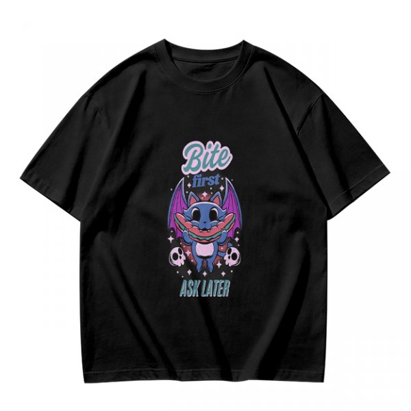 Olive graphic t-shirt with bat cat holding watermelon and 'Bite First Ask Later' text