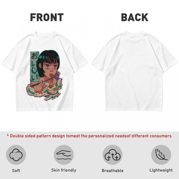 Olive anime graphic t-shirt with girl eating ramen and Japanese text