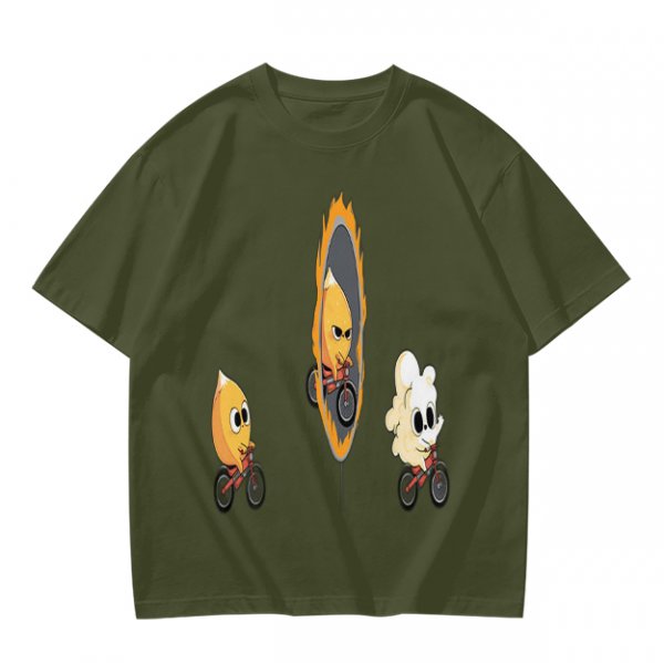 Olive T-Shirt With Cartoon Characters Riding Bikes Through Portal