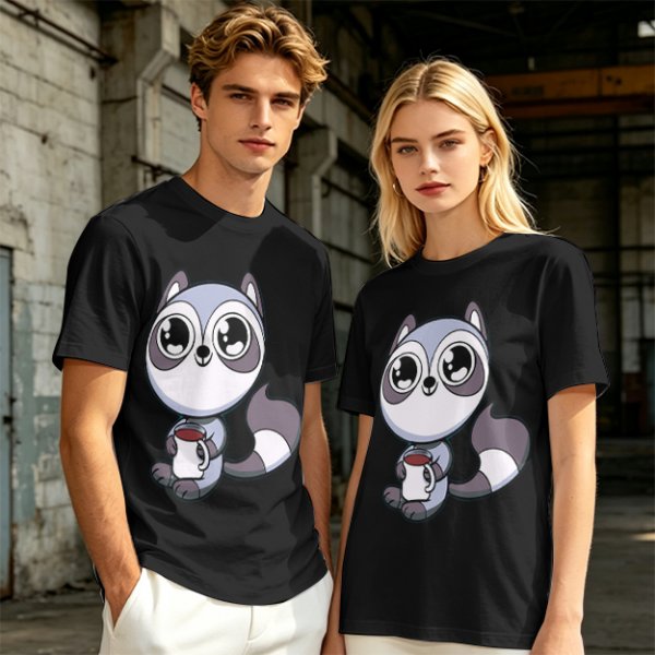 Olive T-Shirt with Cute Raccoon Holding Coffee Mug Print