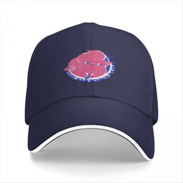 Black baseball cap with cartoon poop graphic and text print