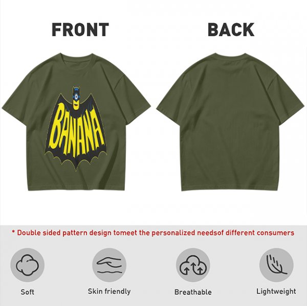 Olive green t-shirt with banana bat logo graphic