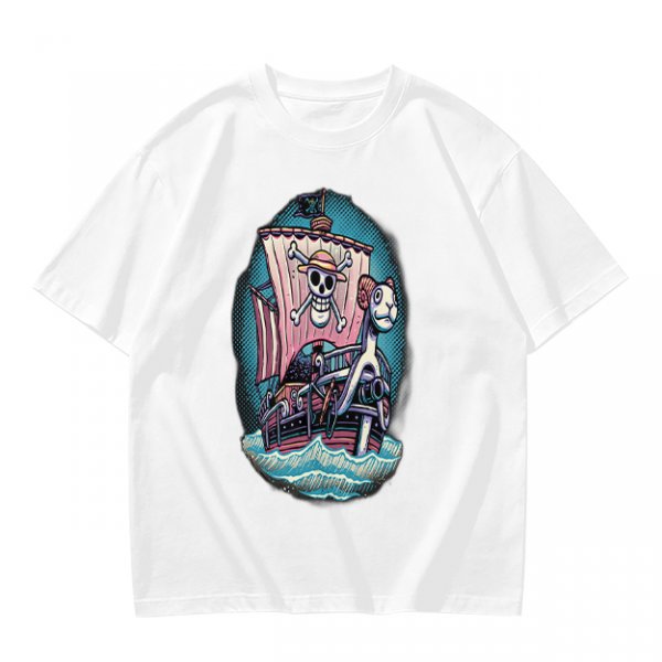 Olive T-shirt with One Piece Thousand Sunny Pirate Ship Print