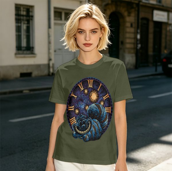 Olive T-Shirt with Cheshire Cat Clock Art Print