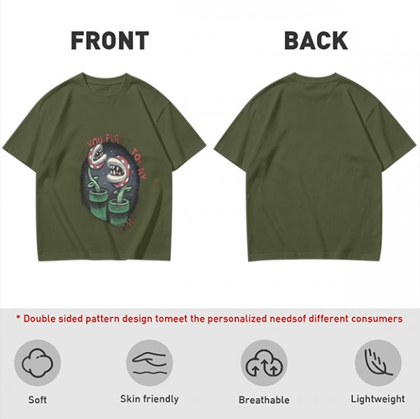 Olive T-shirt with Piranha Plant Graphic and 'You Plant Today' Text