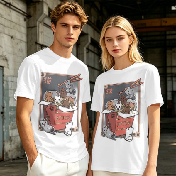 Olive t-shirt with playful kittens in takeout noodle box graphic
