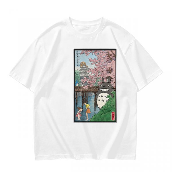 Olive T-shirt with Totoro cherry blossom Japanese woodblock print