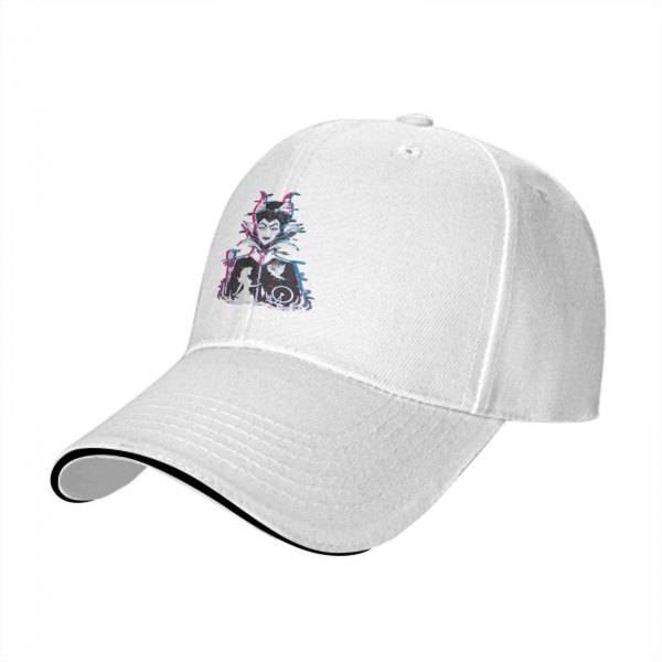 Black baseball cap with glitch-style Maleficent graphic print