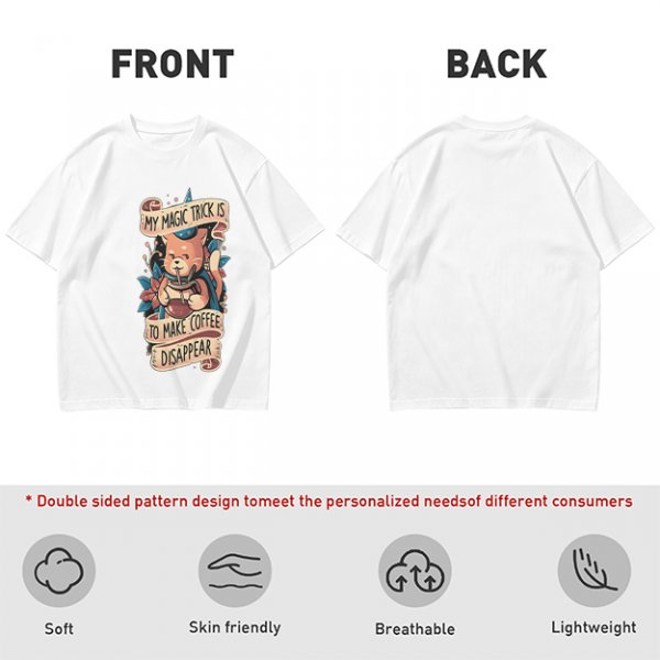 Olive t-shirt with a cat wizard making coffee disappear magic trick print