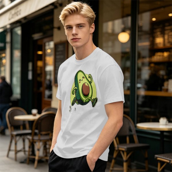 Olive Green T-Shirt with Cute Running Avocado Graphic